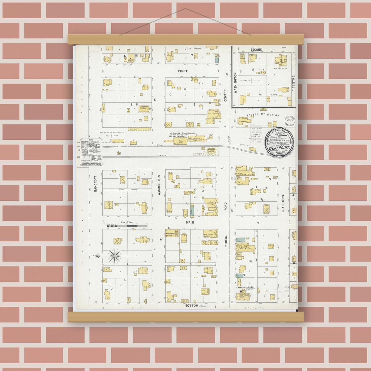 Old map wall art mockup — magnetic wood frame on brick wall — Sanborn Fire Insurance Map from West Point, Hancock County, Illinois (1900), Sheet #0001