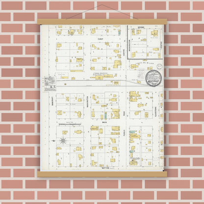 Old map wall art mockup — magnetic wood frame on brick wall — Sanborn Fire Insurance Map from West Point, Hancock County, Illinois (1900), Sheet #0001