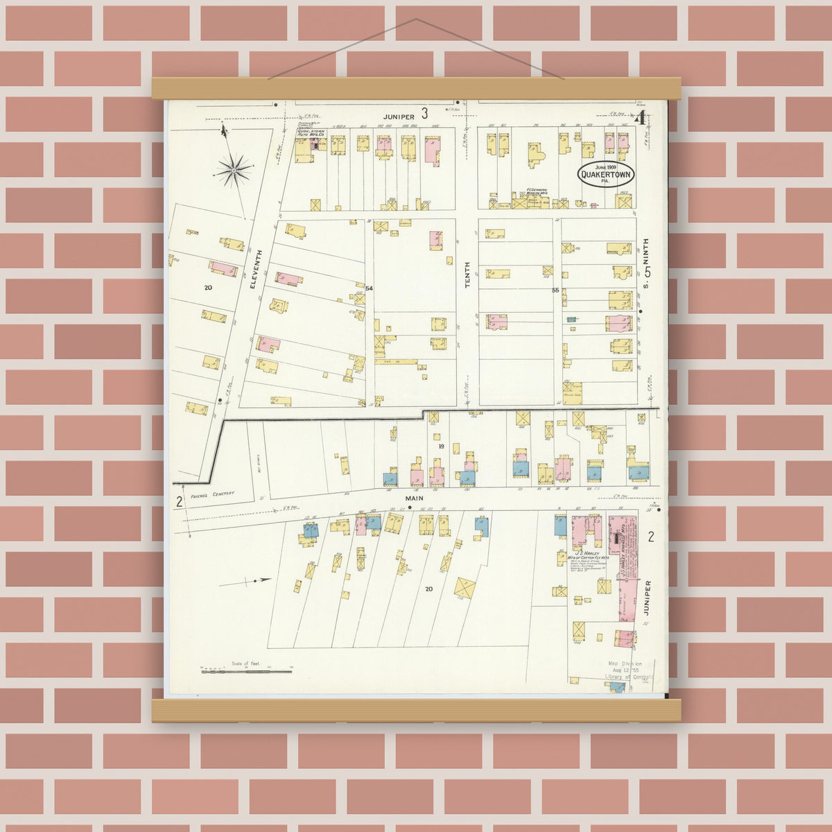 Old map wall art mockup — magnetic wood frame on brick wall — Sanborn Fire Insurance Map from Quakertown, Bucks County, Pennsylvania (1909), Sheet #0004