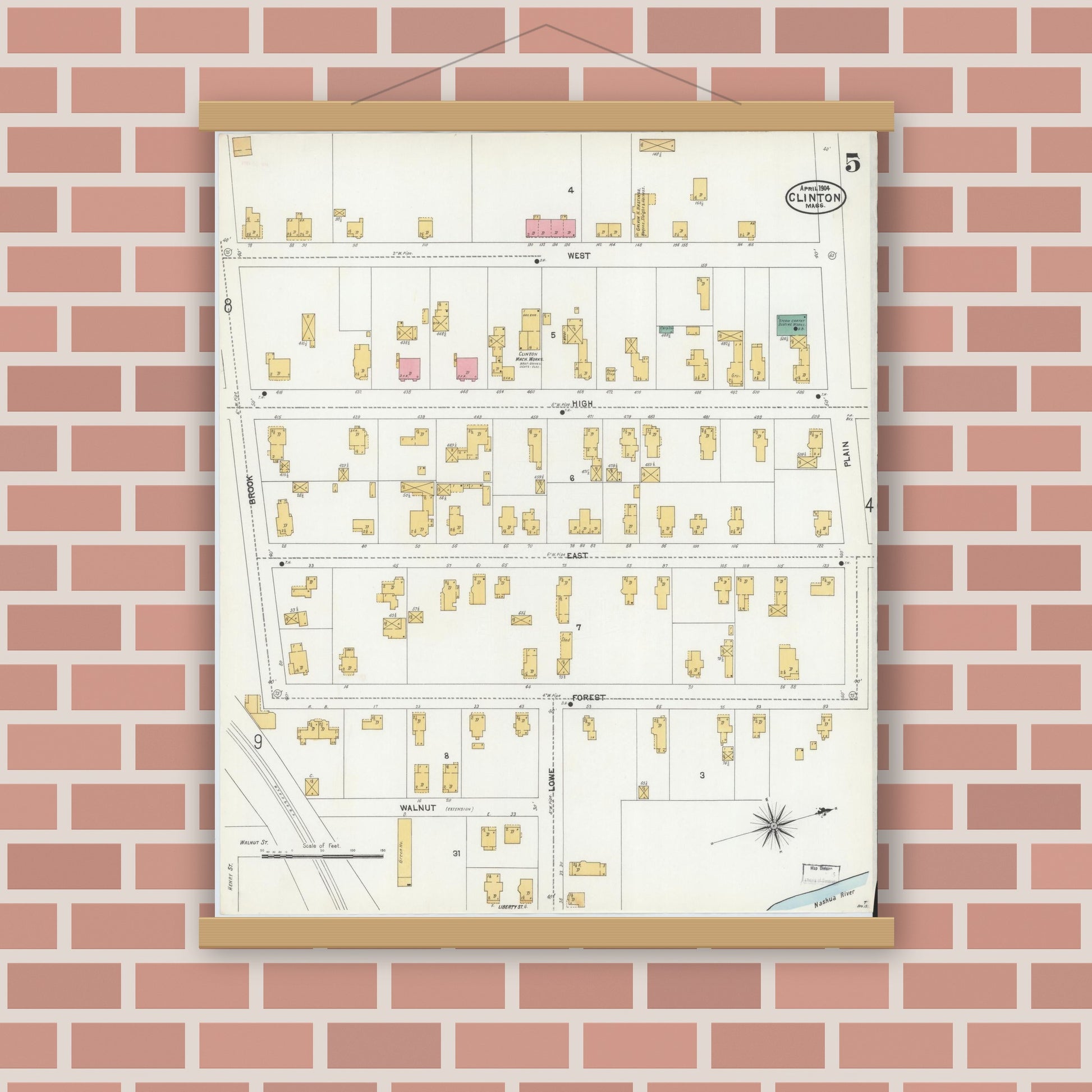 Old map wall art mockup — magnetic wood frame on brick wall — Sanborn Fire Insurance Map from Clinton, Worcester County, Massachusetts (1904), Sheet #0005