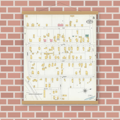 Old map wall art mockup — magnetic wood frame on brick wall — Sanborn Fire Insurance Map from Clinton, Worcester County, Massachusetts (1904), Sheet #0005