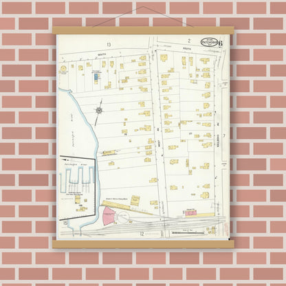 Old map wall art mockup — magnetic wood frame on brick wall — Sanborn Fire Insurance Map from Patchogue, Suffolk County, New York (1916), Sheet #0006