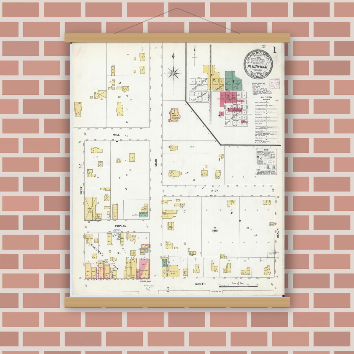 Old map wall art mockup — magnetic wood frame on brick wall — Sanborn Fire Insurance Map from Plainfield, Waushara County, Wisconsin (1908), Sheet #0001