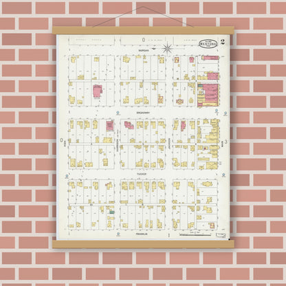 Old map wall art mockup — magnetic wood frame on brick wall — Sanborn Fire Insurance Map from Mentone, Kosciusko County, Indiana (1901), Sheet #0002