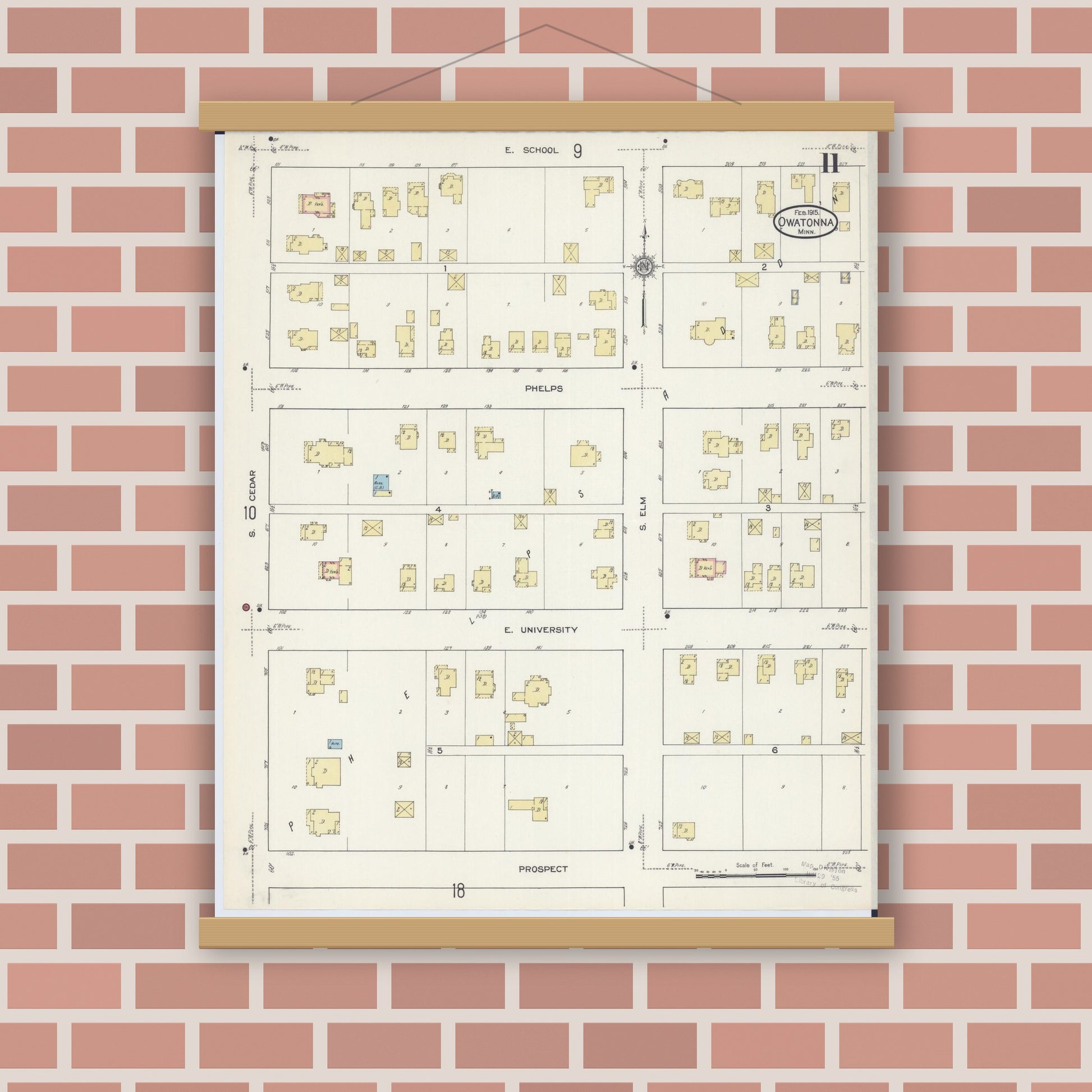 Old map wall art mockup — magnetic wood frame on brick wall — Sanborn Fire Insurance Map from Owatonna, Steele County, Minnesota (1915), Sheet #0011