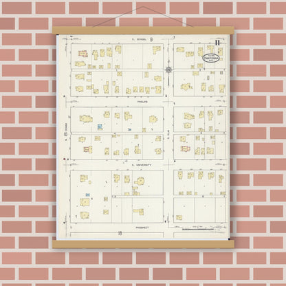 Old map wall art mockup — magnetic wood frame on brick wall — Sanborn Fire Insurance Map from Owatonna, Steele County, Minnesota (1915), Sheet #0011