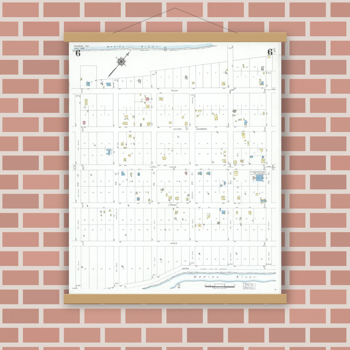 Old map wall art mockup — magnetic wood frame on brick wall — Sanborn Fire Insurance Map from Bandera, Bandera County, Texas (1950), Sheet #0006