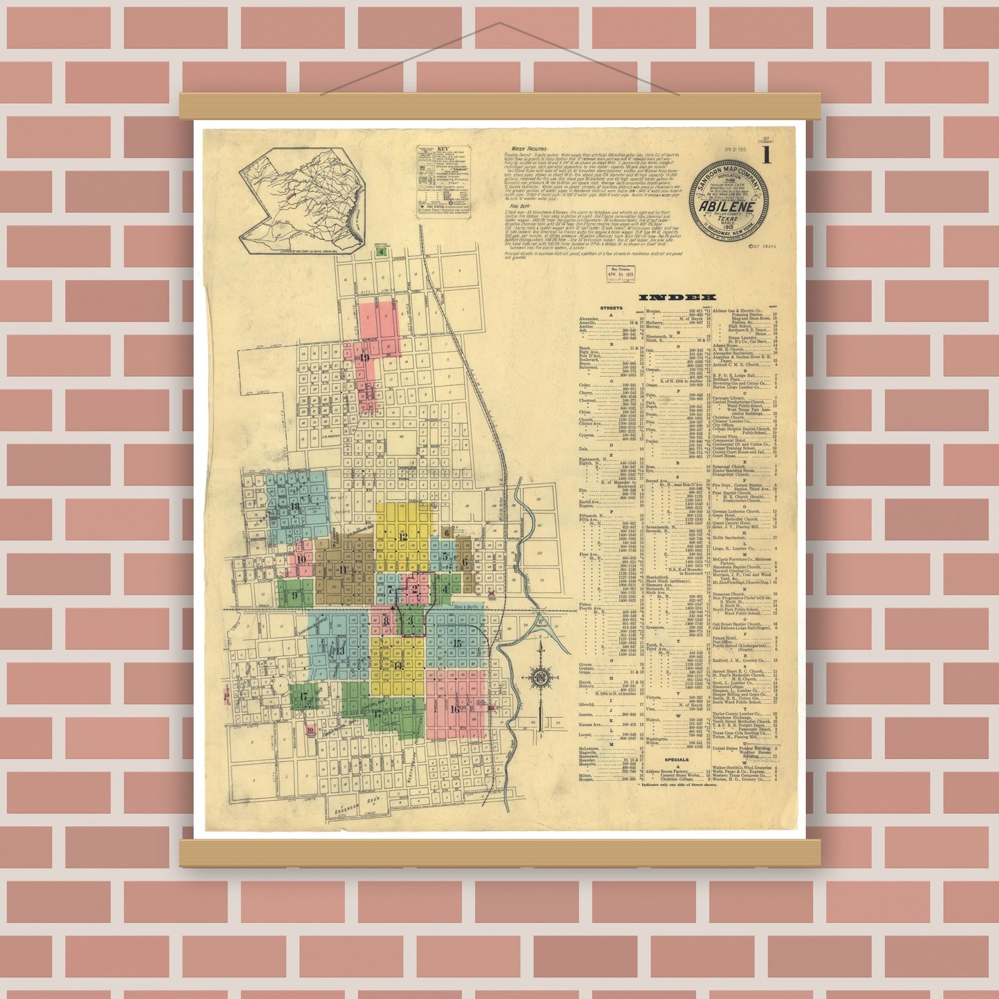 Old map wall art mockup — magnetic wood frame on brick wall — Sanborn Fire Insurance Map from Abilene, Taylor County, Texas (1915), Sheet #0001