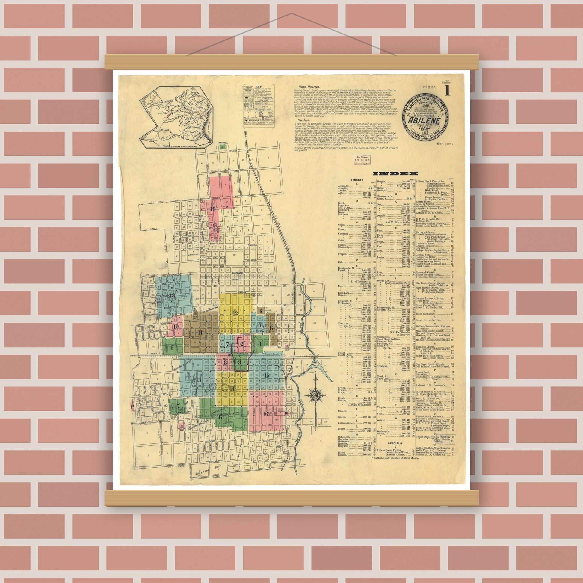 Old map wall art mockup — magnetic wood frame on brick wall — Sanborn Fire Insurance Map from Abilene, Taylor County, Texas (1915), Sheet #0001