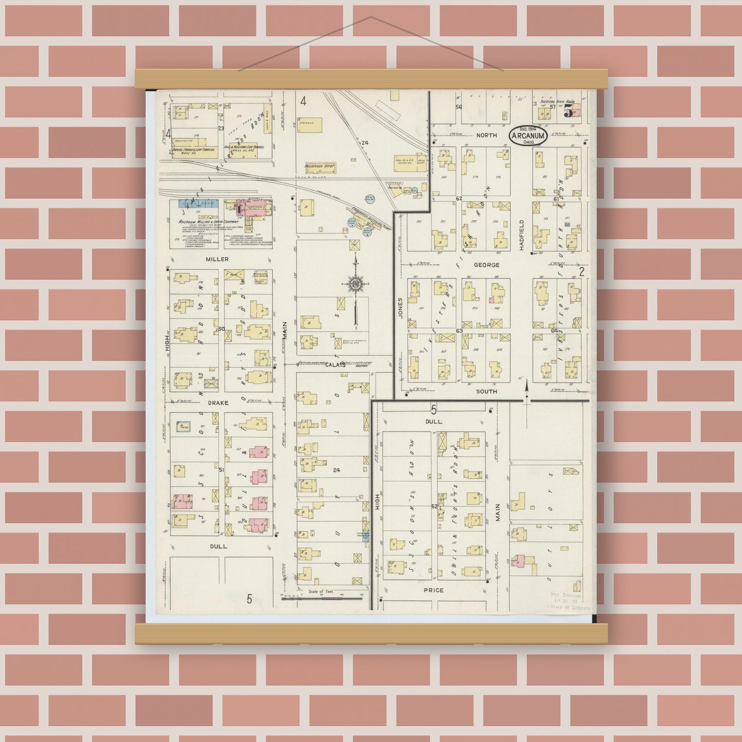 Old map wall art mockup — magnetic wood frame on brick wall — Sanborn Fire Insurance Map from Arcanum, Darke County, Ohio (1914), Sheet #0005