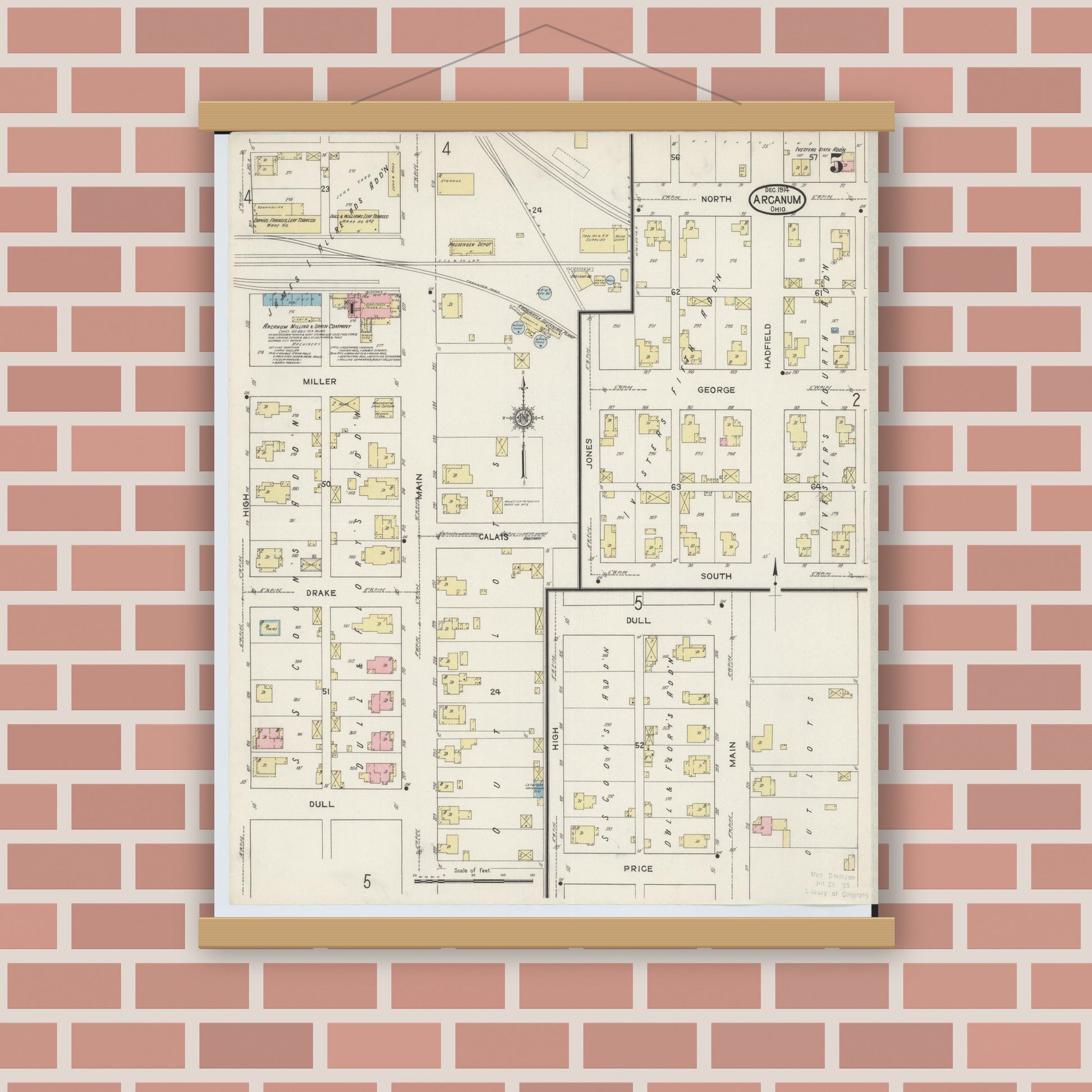 Old map wall art mockup — magnetic wood frame on brick wall — Sanborn Fire Insurance Map from Arcanum, Darke County, Ohio (1914), Sheet #0005