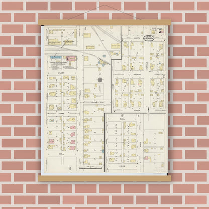 Old map wall art mockup — magnetic wood frame on brick wall — Sanborn Fire Insurance Map from Arcanum, Darke County, Ohio (1914), Sheet #0005