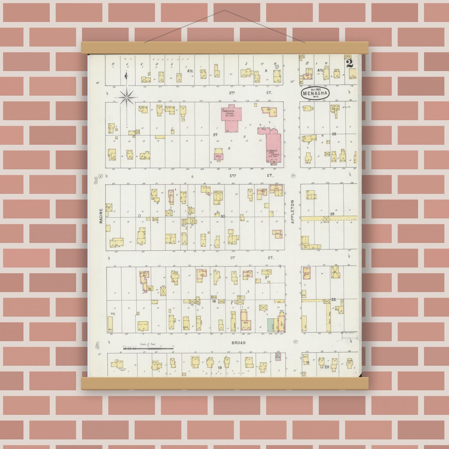 Old map wall art mockup — magnetic wood frame on brick wall — Sanborn Fire Insurance Map from Menasha, Winnebago County, Wisconsin (1895), Sheet #0002