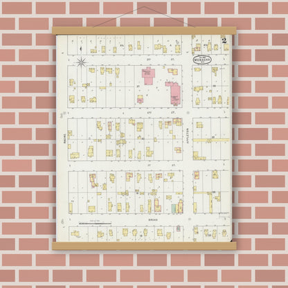 Old map wall art mockup — magnetic wood frame on brick wall — Sanborn Fire Insurance Map from Menasha, Winnebago County, Wisconsin (1895), Sheet #0002