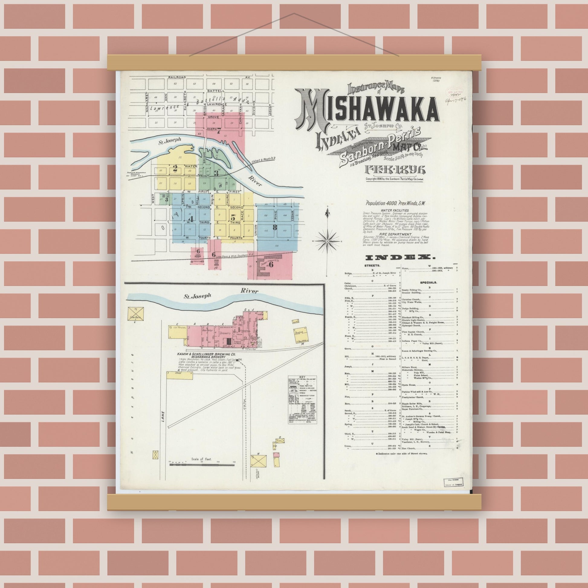 Old map wall art mockup — magnetic wood frame on brick wall — Sanborn Fire Insurance Map from Mishawaka, Saint Joseph County, Indiana (1896) - Complete Map Set