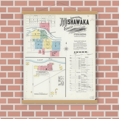 Old map wall art mockup — magnetic wood frame on brick wall — Sanborn Fire Insurance Map from Mishawaka, Saint Joseph County, Indiana (1896) - Complete Map Set
