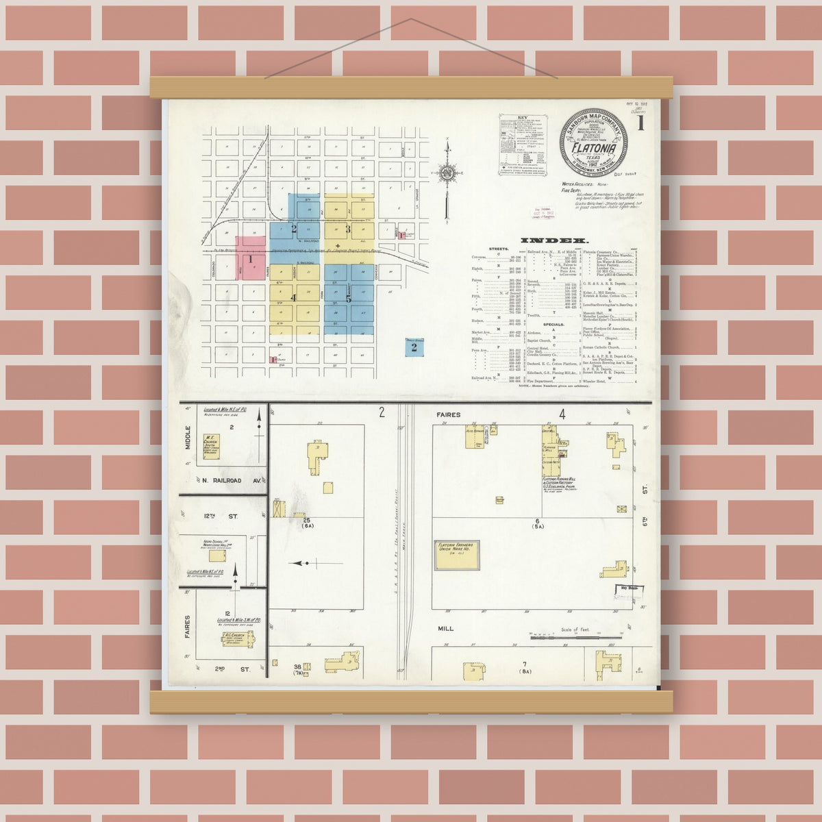 Old map wall art mockup — magnetic wood frame on brick wall — Sanborn Fire Insurance Map from Flatonia, Fayette County, Texas (1912) - Complete Map Set