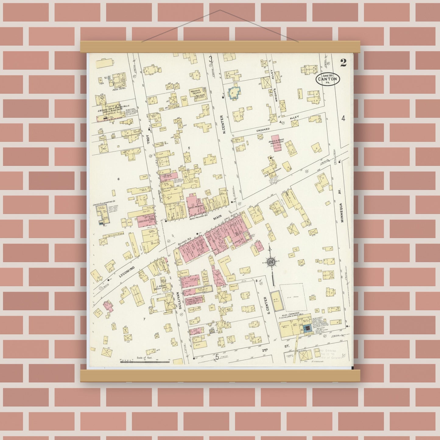 Old map wall art mockup — magnetic wood frame on brick wall — Sanborn Fire Insurance Map from Canton, Bradford County, Pennsylvania (1911), Sheet #0002