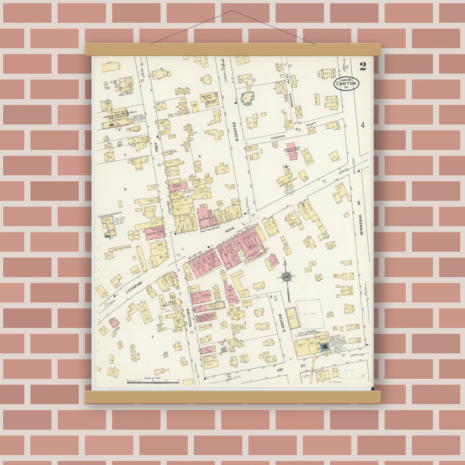 Old map wall art mockup — magnetic wood frame on brick wall — Sanborn Fire Insurance Map from Canton, Bradford County, Pennsylvania (1911), Sheet #0002