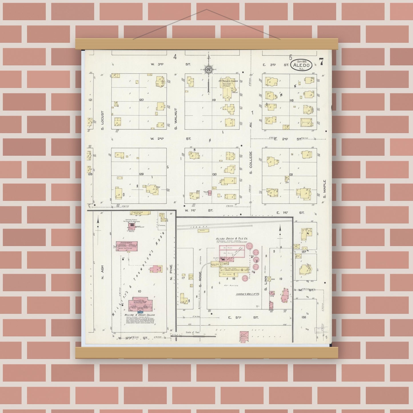 Old map wall art mockup — magnetic wood frame on brick wall — Sanborn Fire Insurance Map from Aledo, Mercer County, Illinois (1913), Sheet #0007