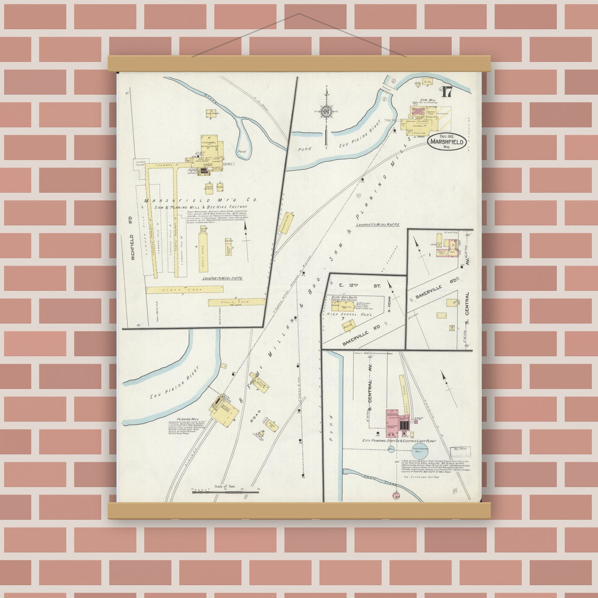 Old map wall art mockup — magnetic wood frame on brick wall — Sanborn Fire Insurance Map from Marshfield, Wood County, Wisconsin (1912), Sheet #0017