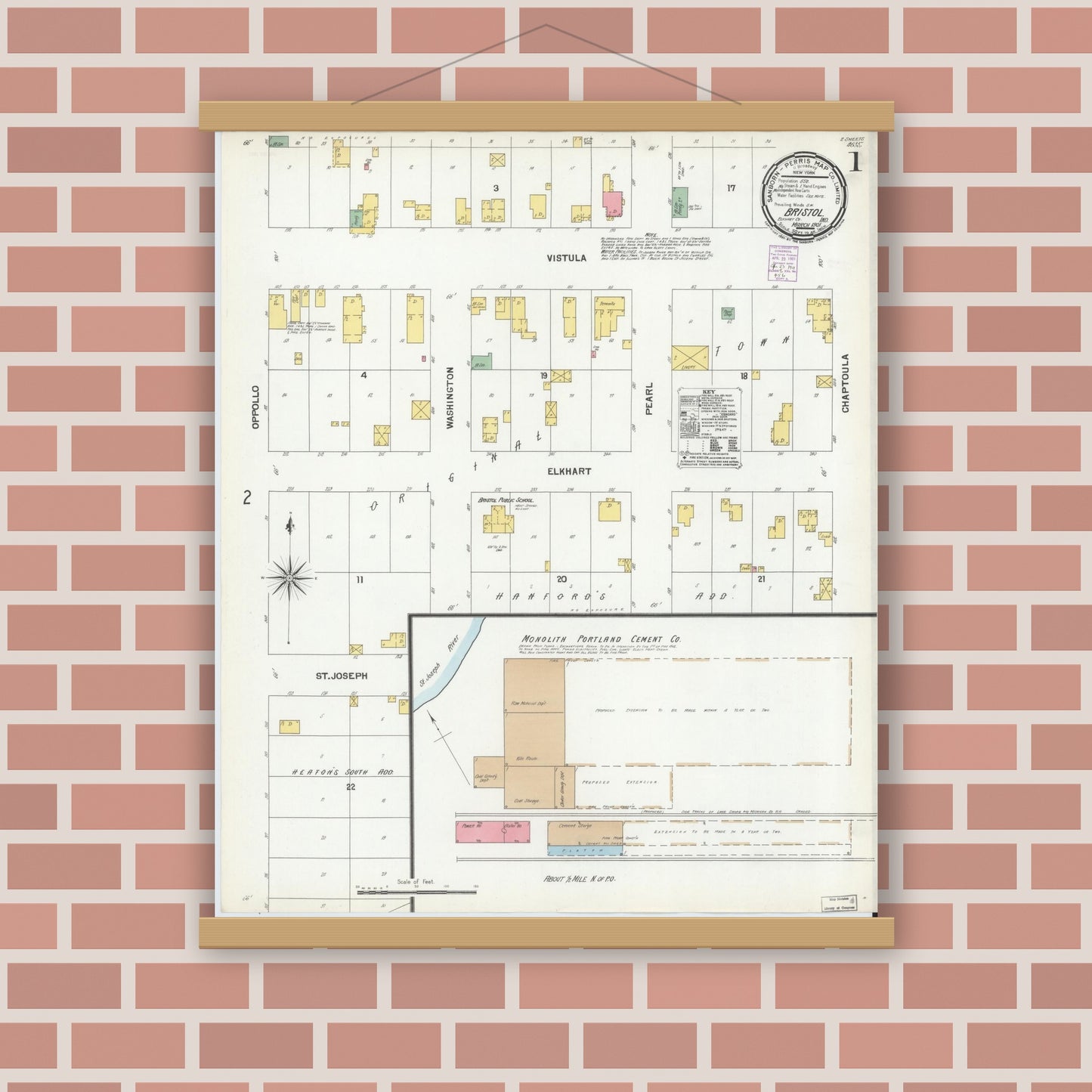 Old map wall art mockup — magnetic wood frame on brick wall — Sanborn Fire Insurance Map from Bristol, Elkhart County, Indiana (1901) - Complete Map Set