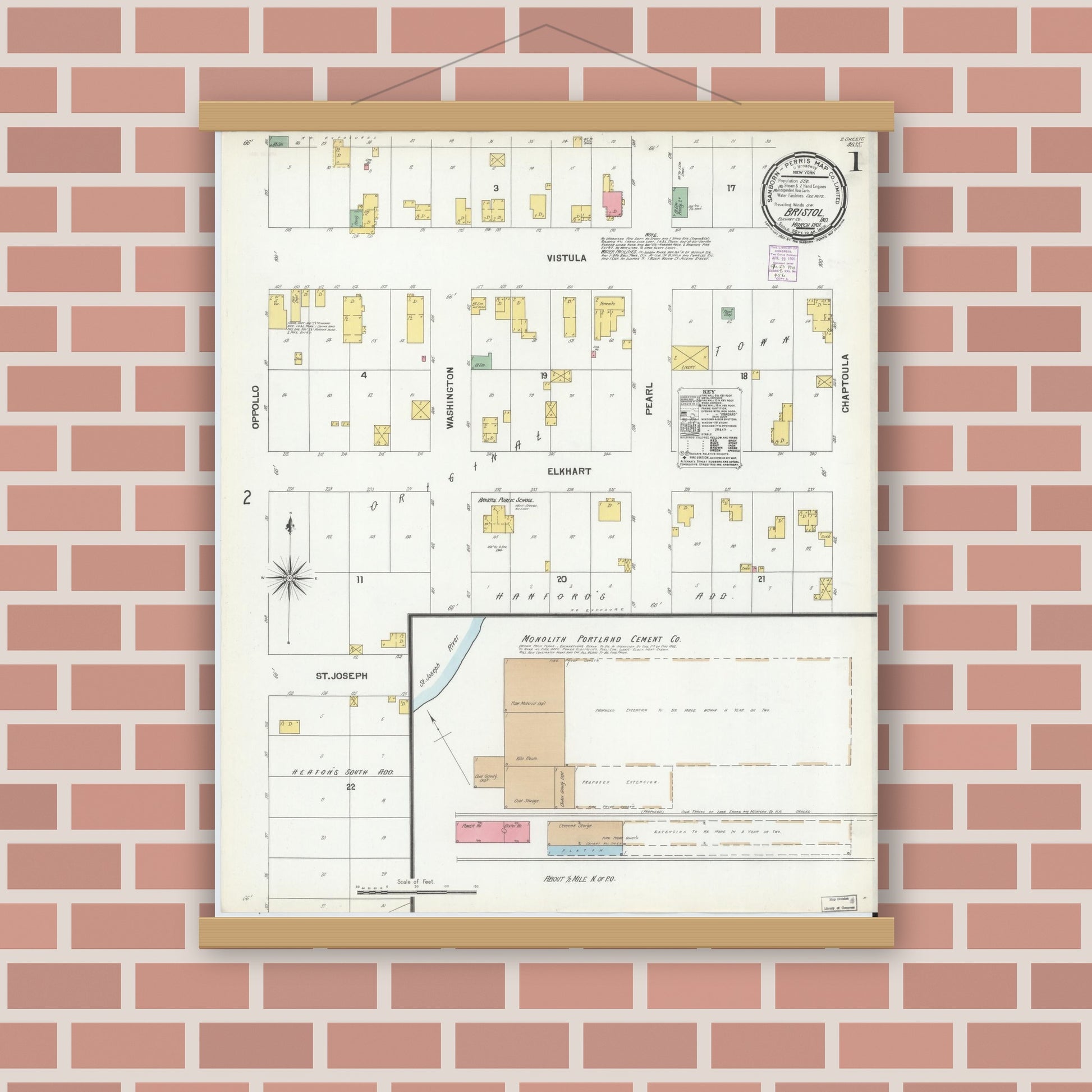 Old map wall art mockup — magnetic wood frame on brick wall — Sanborn Fire Insurance Map from Bristol, Elkhart County, Indiana (1901) - Complete Map Set