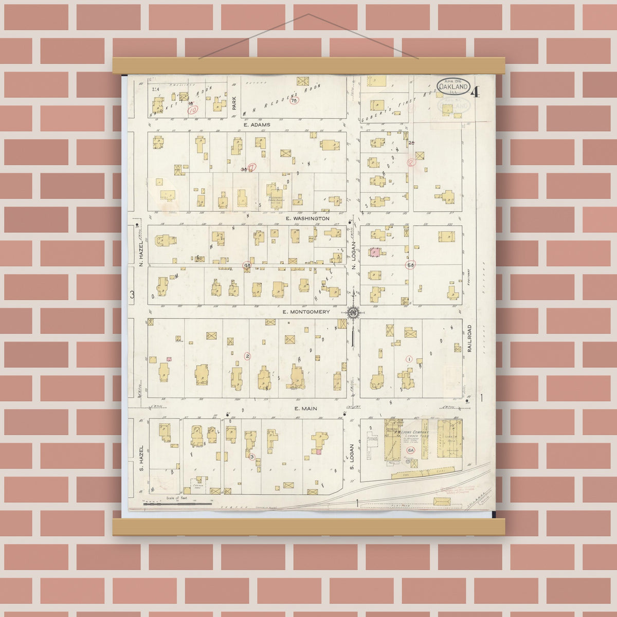 Old map wall art mockup — magnetic wood frame on brick wall — Sanborn Fire Insurance Map from Oakland, Coles County, Illinois (1932), Sheet #0004