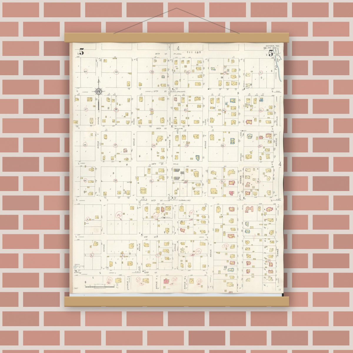 Old map wall art mockup — magnetic wood frame on brick wall — Sanborn Fire Insurance Map from Snyder, Scurry County, Texas (1942), Sheet #0005