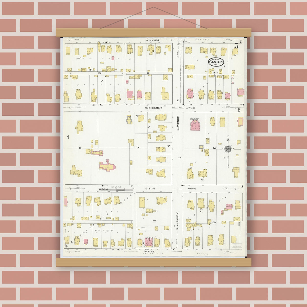 Old map wall art mockup — magnetic wood frame on brick wall — Sanborn Fire Insurance Map from Canton, Fulton County, Illinois (1917), Sheet #0005