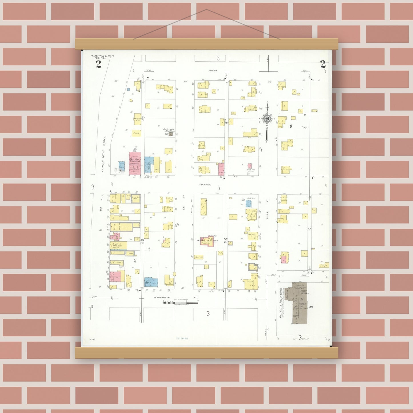 Old map wall art mockup — magnetic wood frame on brick wall — Sanborn Fire Insurance Map from Waterville, Lucas County, Ohio (1944), Sheet #0002