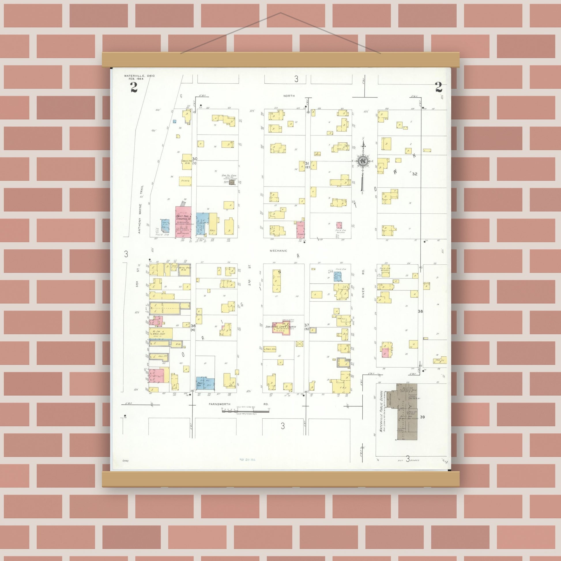 Old map wall art mockup — magnetic wood frame on brick wall — Sanborn Fire Insurance Map from Waterville, Lucas County, Ohio (1944), Sheet #0002