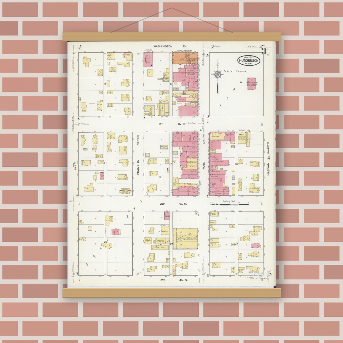 Old map wall art mockup — magnetic wood frame on brick wall — Sanborn Fire Insurance Map from Hutchinson, Mcleod County, Minnesota (1917), Sheet #0003