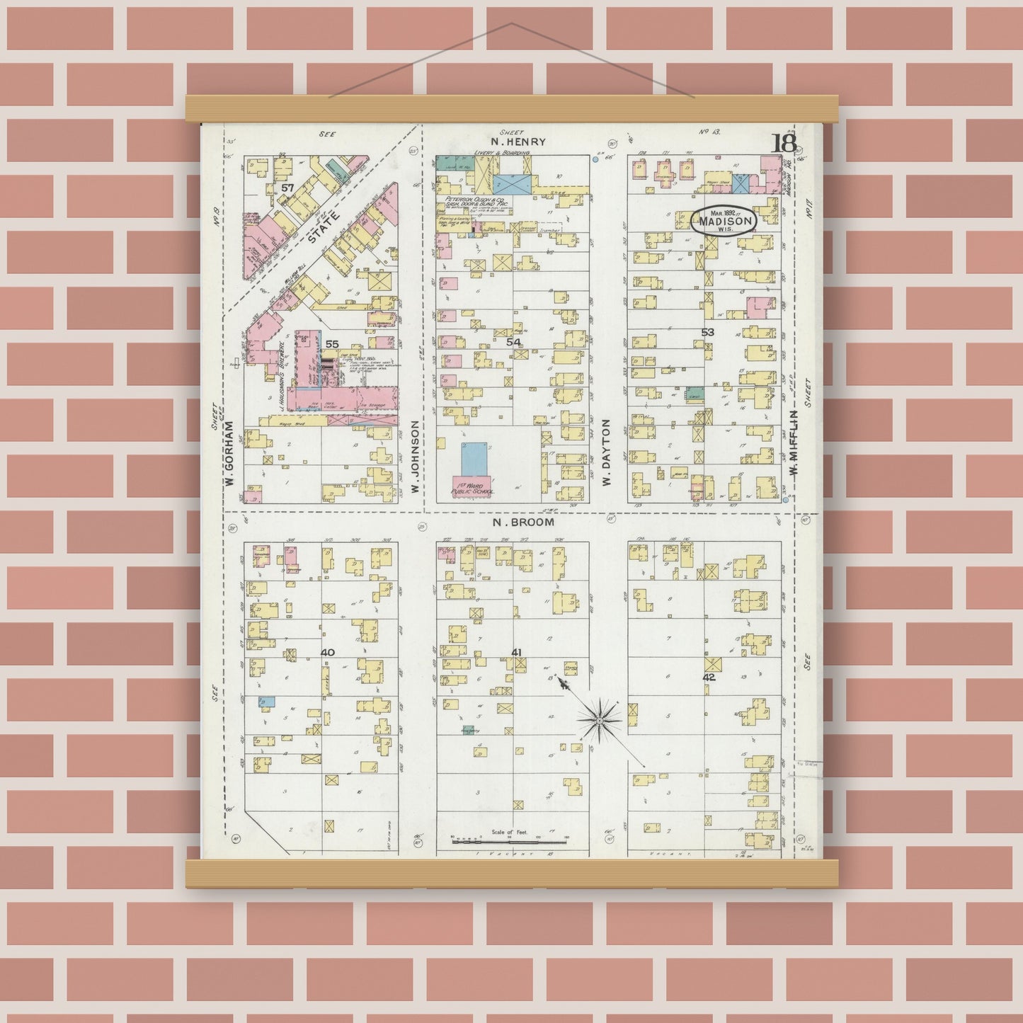 Old map wall art mockup — magnetic wood frame on brick wall — Sanborn Fire Insurance Map from Madison, Dane County, Wisconsin (1892), Sheet #0018
