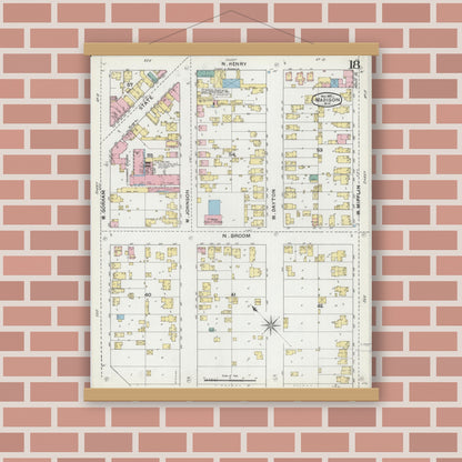 Old map wall art mockup — magnetic wood frame on brick wall — Sanborn Fire Insurance Map from Madison, Dane County, Wisconsin (1892), Sheet #0018