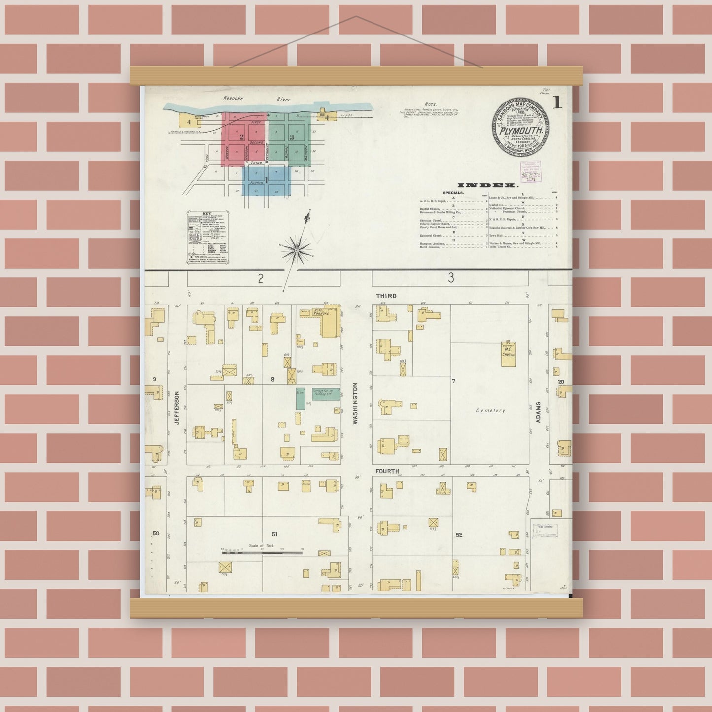 Old map wall art mockup — magnetic wood frame on brick wall — Sanborn Fire Insurance Map from Plymouth, Washington County, North Carolina (1905) - Complete Map Set