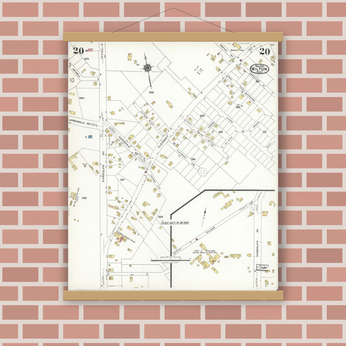 Old map wall art mockup — magnetic wood frame on brick wall — Sanborn Fire Insurance Map from Milton, Norfolk County, Massachusetts (1923), Sheet #0020
