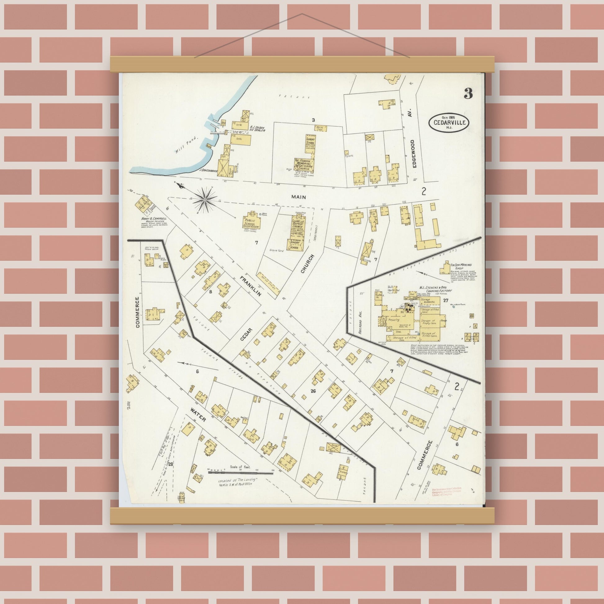 Old map wall art mockup — magnetic wood frame on brick wall — Sanborn Fire Insurance Map from Cedarville, Cumberland County, New Jersey (1905), Sheet #0003