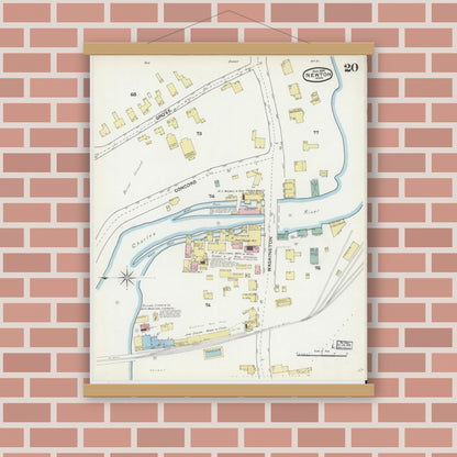 Old map wall art mockup — magnetic wood frame on brick wall — Sanborn Fire Insurance Map from Newton, Middlesex County, Massachusetts (1892), Sheet #0020