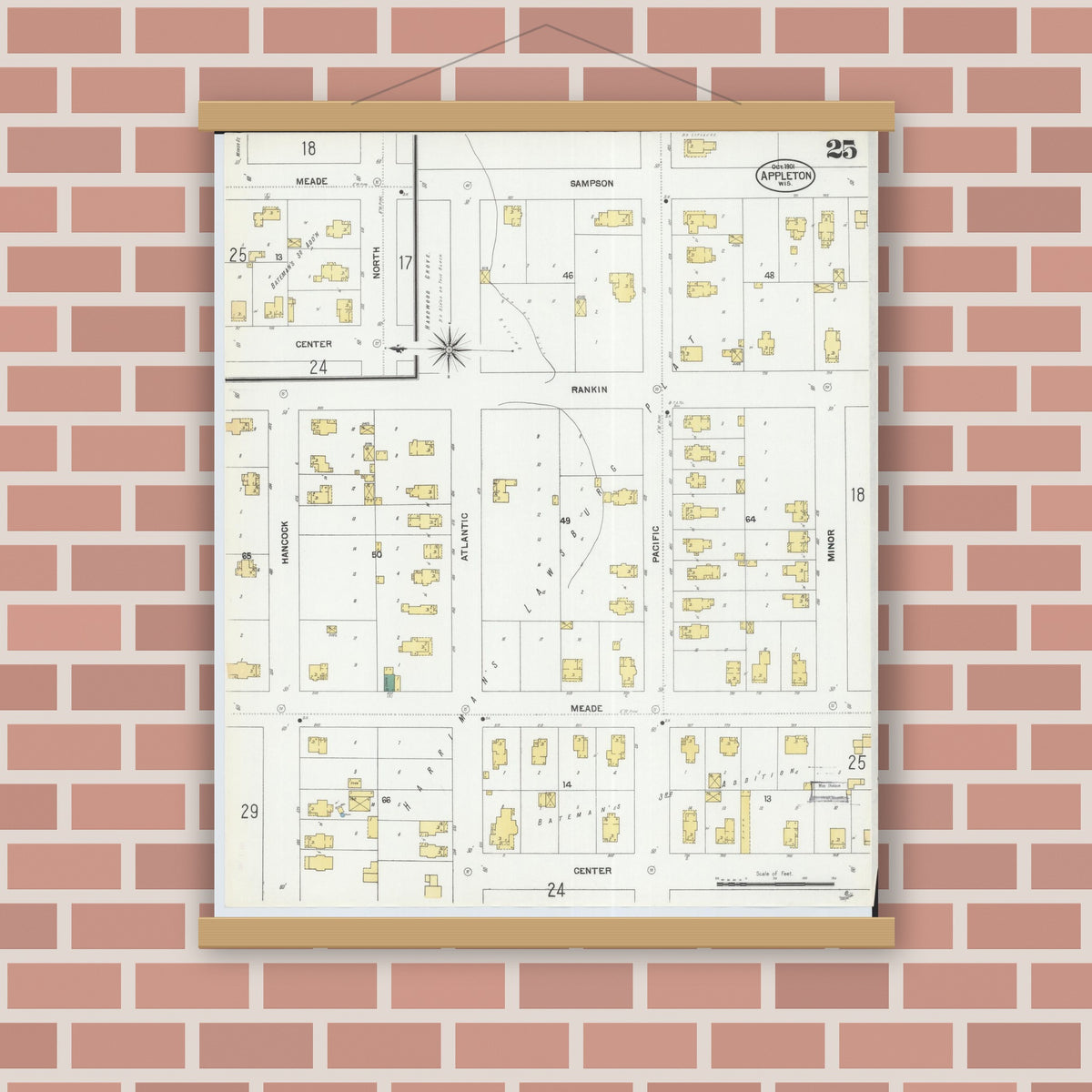 Old map wall art mockup — magnetic wood frame on brick wall — Sanborn Fire Insurance Map from Appleton, Outagamie County, Wisconsin (1901), Sheet #0025