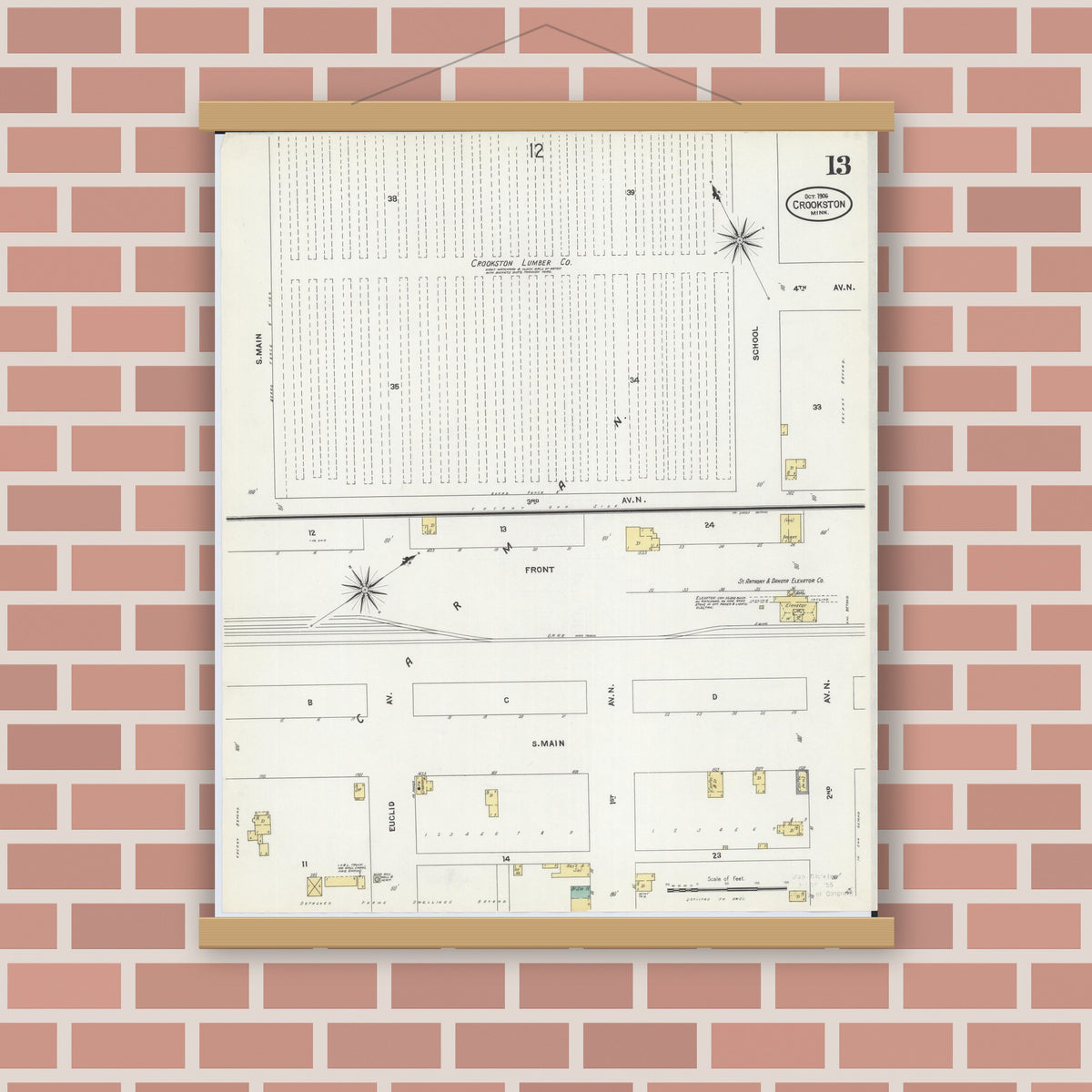 Old map wall art mockup — magnetic wood frame on brick wall — Sanborn Fire Insurance Map from Crookston, Polk County, Minnesota (1906), Sheet #0013