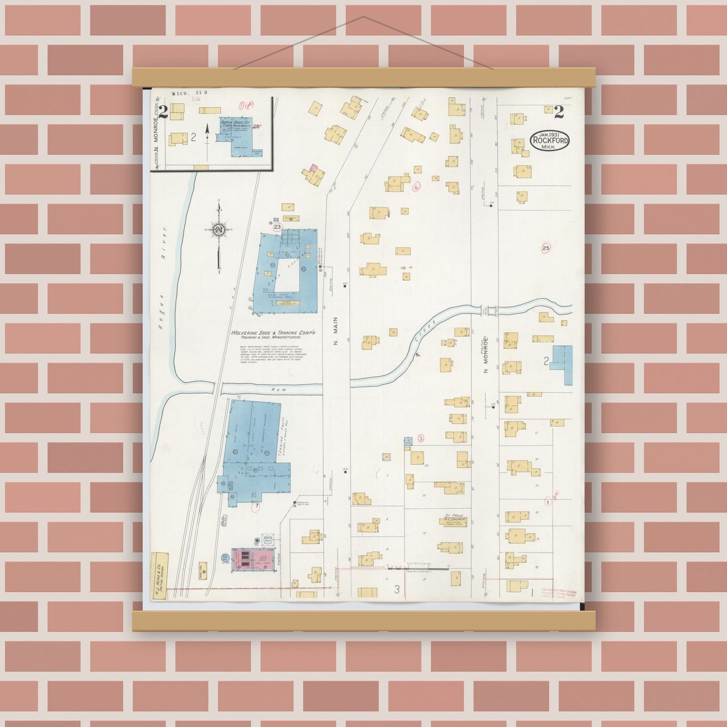 Old map wall art mockup — magnetic wood frame on brick wall — Sanborn Fire Insurance Map from Rockford, Kent County, Michigan (1931), Sheet #0002