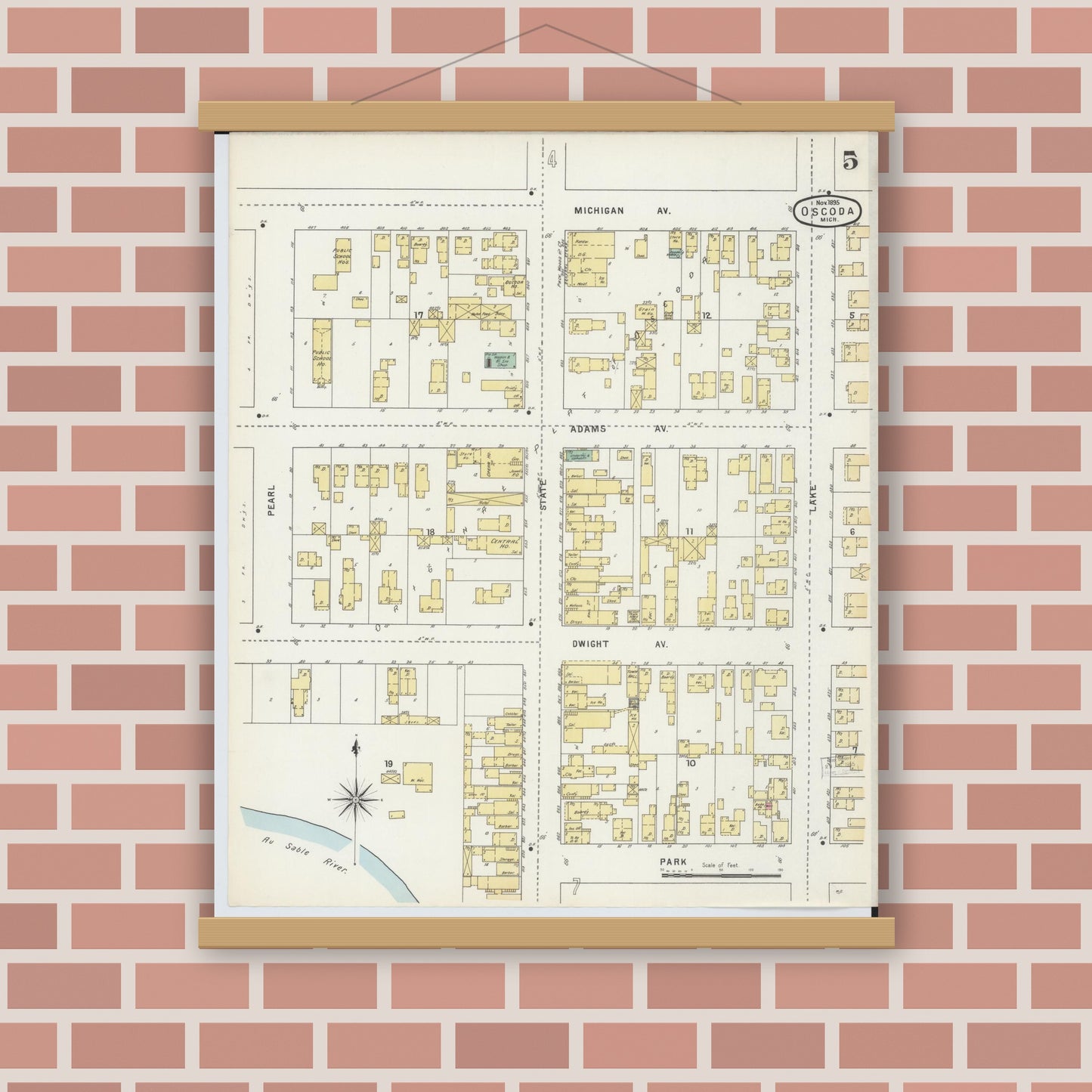 Old map wall art mockup — magnetic wood frame on brick wall — Sanborn Fire Insurance Map from Oscoda, Iosco County, Michigan (1895), Sheet #0005