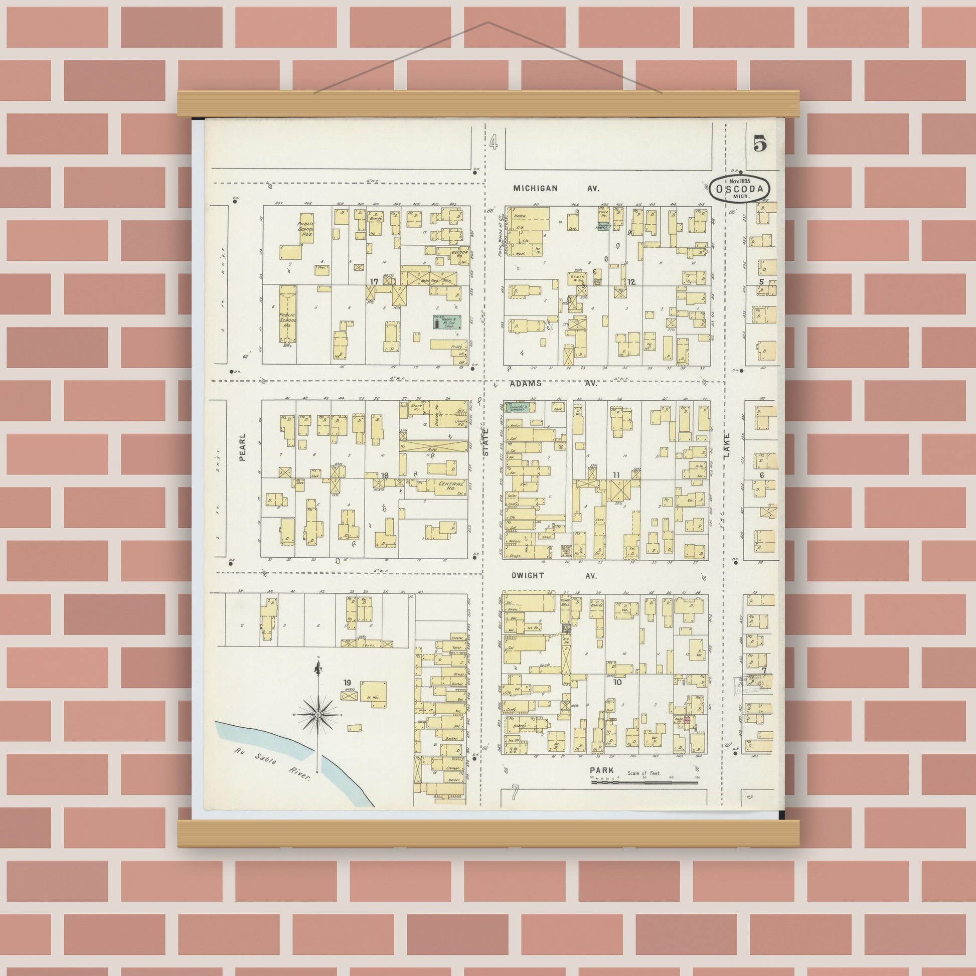Old map wall art mockup — magnetic wood frame on brick wall — Sanborn Fire Insurance Map from Oscoda, Iosco County, Michigan (1895), Sheet #0005