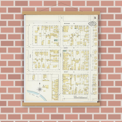 Old map wall art mockup — magnetic wood frame on brick wall — Sanborn Fire Insurance Map from Oscoda, Iosco County, Michigan (1895), Sheet #0005