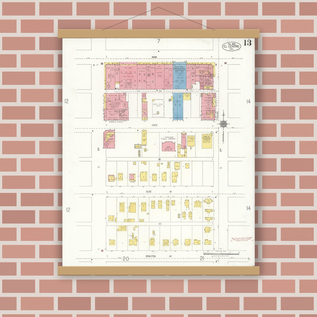 Old map wall art mockup — magnetic wood frame on brick wall — Sanborn Fire Insurance Map from El Centro, Imperial County, California (1922), Sheet #0013