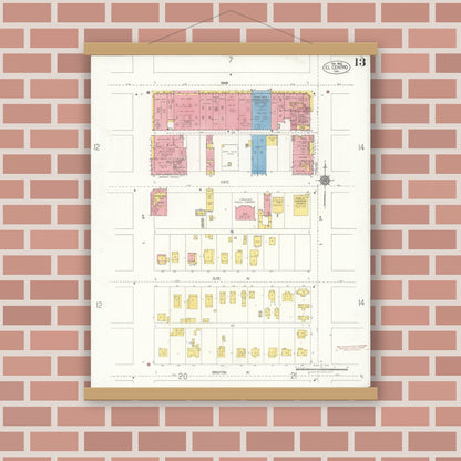 Old map wall art mockup — magnetic wood frame on brick wall — Sanborn Fire Insurance Map from El Centro, Imperial County, California (1922), Sheet #0013