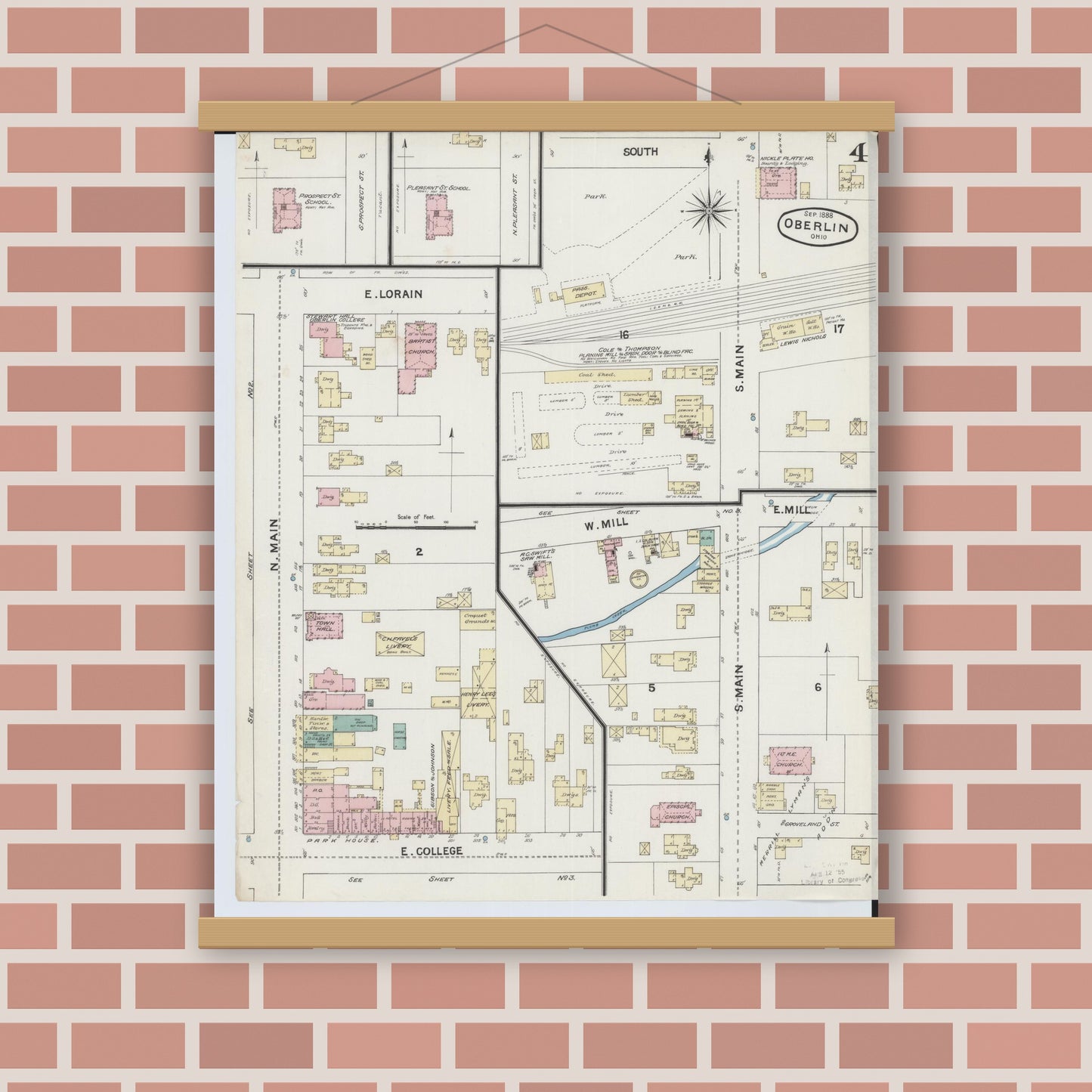 Old map wall art mockup — magnetic wood frame on brick wall — Sanborn Fire Insurance Map from Oberlin, Lorain County, Ohio (1888), Sheet #0004