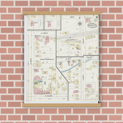 Old map wall art mockup — magnetic wood frame on brick wall — Sanborn Fire Insurance Map from Oberlin, Lorain County, Ohio (1888), Sheet #0004