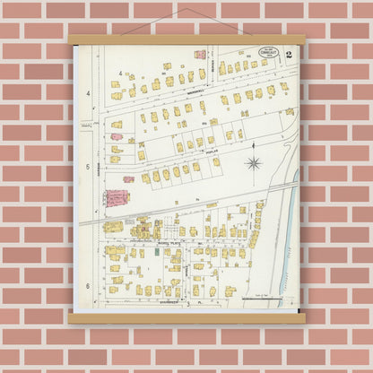 Old map wall art mockup — magnetic wood frame on brick wall — Sanborn Fire Insurance Map from Conneaut, Ashtabula County, Ohio (1902), Sheet #0002